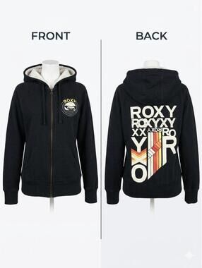 🖤VTG Y2K Roxy Sherpa Lined Zip Hoodie Graphic Surf Skate Black Womens M 09-8🖤